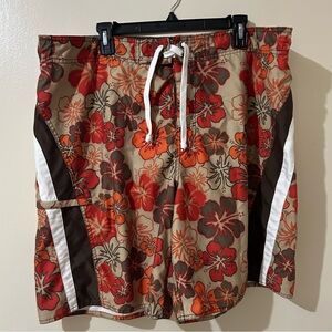 Joe Boxer Men’s Swim‎ Trunks Brown Red Hawaiian Caribbean Tropical Floral Shorts